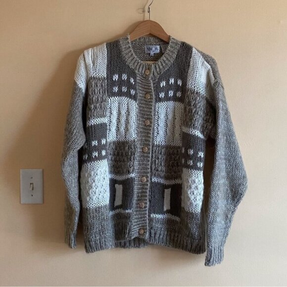 Ninon Cardigan Woman Large Patchwork Neutral Wool Blend Oversized Gorpcore Y2K - Picture 2 of 12